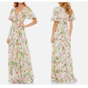MAC DUGGAL 9079 FLORAL PRINT FAUX WRAP FLUTTER SLEEVE A-LINE GOWN sz 12
